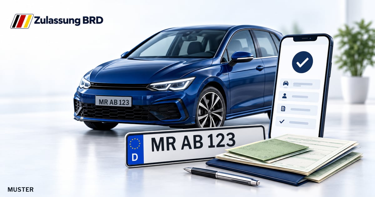 Online Fahrzeugzulassung in Landkreis Marburg-Biedenkopf: Musterkennzeichen MR AB 123, Auto und Fahrzeugpapiere und Smartphone. Illustration mit Logo von Zulassung BRD.